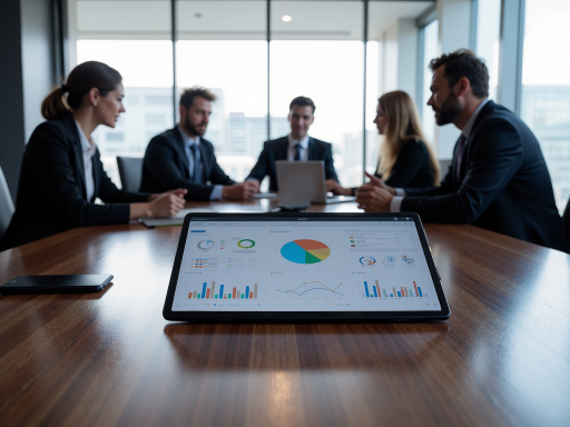 E-commerce business team working together in modern office environment with laptops and digital screens showing online store analytics and sales data