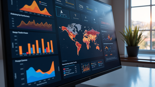 Business analytics dashboard displaying sales charts, customer demographics, conversion rates, and revenue metrics on large monitor screen