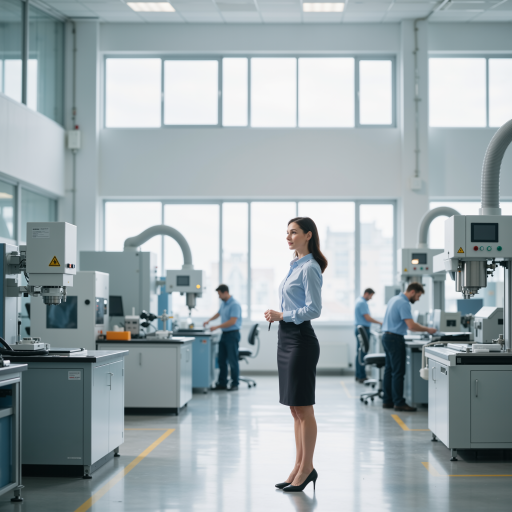 Thirty five year old female technology executive in business attire, standing in tech office environment with modern equipment and displays